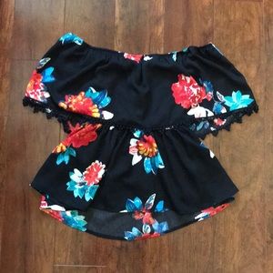 Black floral printed off the shoulder top